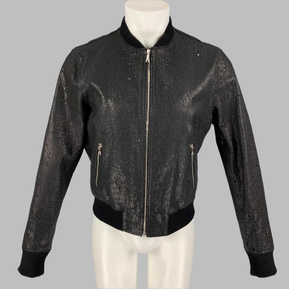 NEIL BARRETT Size L Black Distressed Leather Bomber Jacket